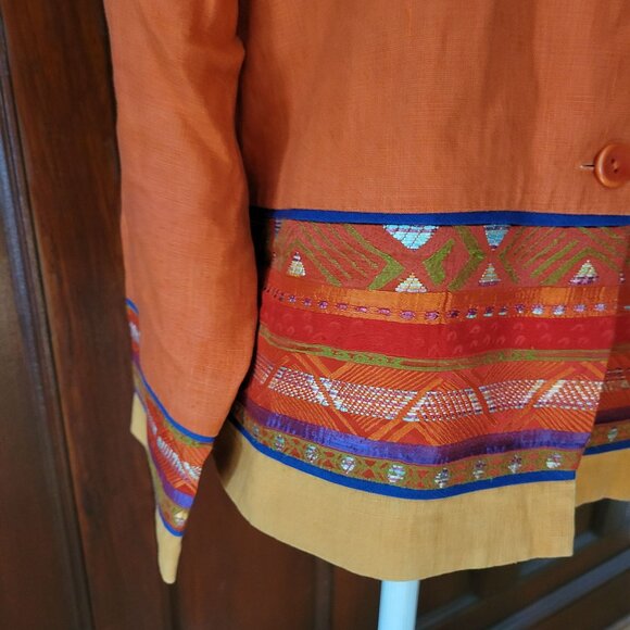 Vintage Coldwater Creek Button-Up Jacket W/ Embroidered Trim Orange Linen Womens - Picture 4 of 5